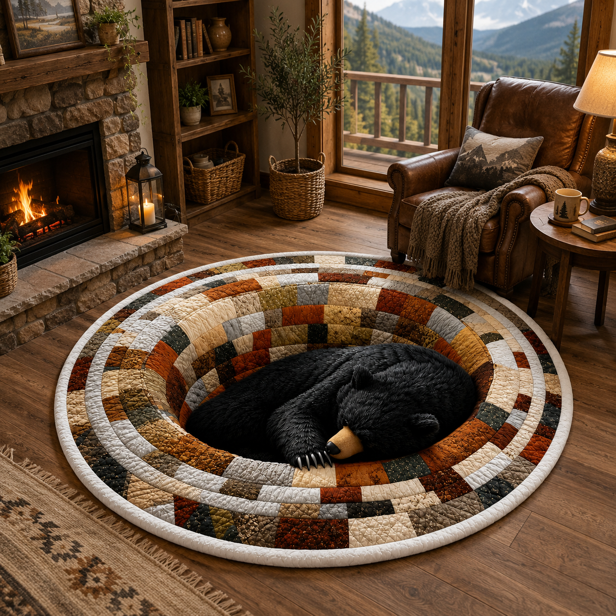 3D Sleeping Bear Round Rug, Patchwork Illusion Circular Area Carpet, Cozy Woodland Nursery Mat, Rustic Cabin Home Decor, Washable Floor Rug. QRPETAL12