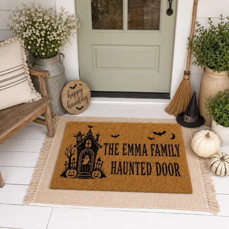 Halloween Doormat Haunted House Front Door Mat with Bats Moon and Pumpkins, Spooky Porch Decor, Gift for Halloween Family Entryway. DMPETAL8