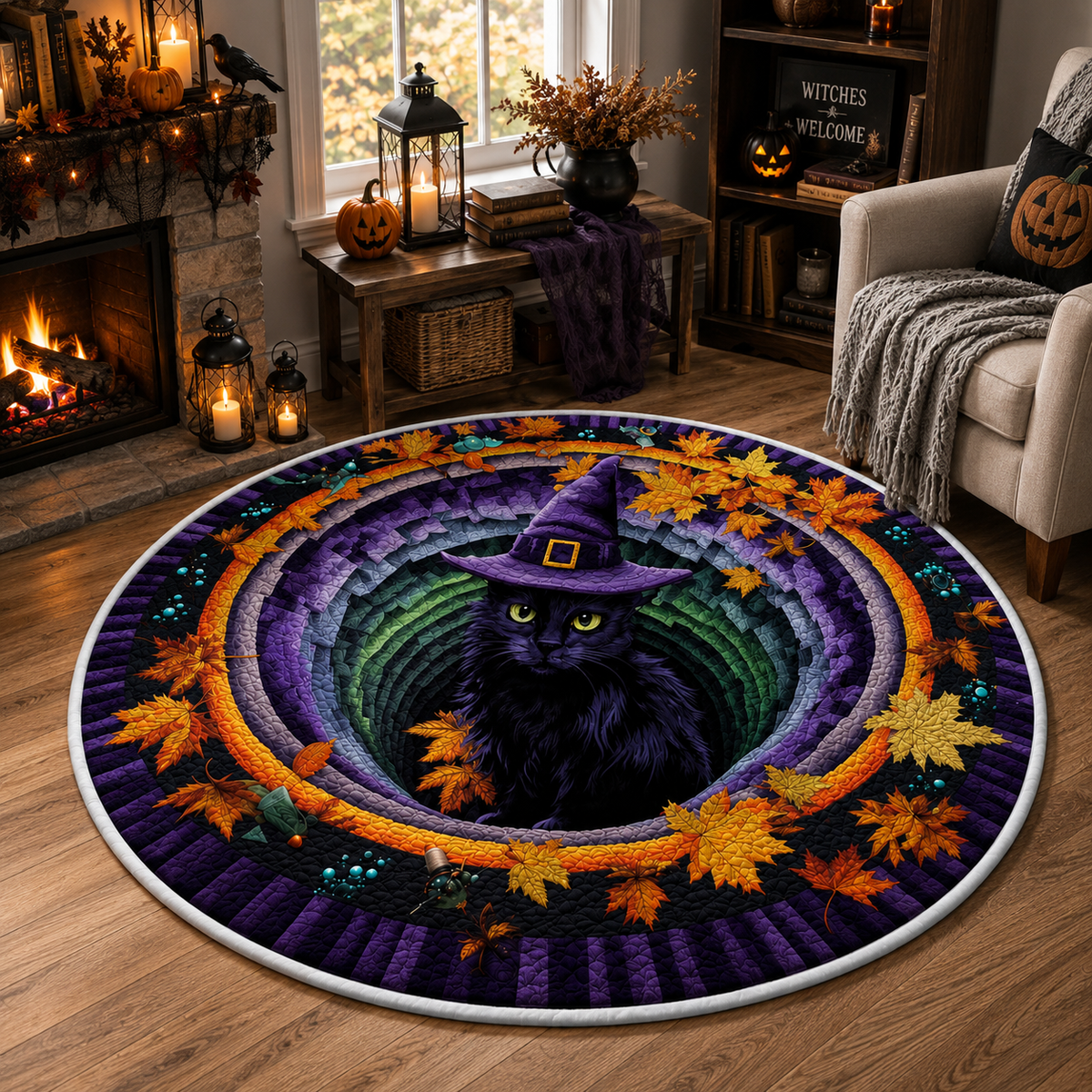 Halloween Black Witch Cat Circle Rug, 3D Vortex Illusion Round Rug, Fall Autumn Leaves Spooky Decor, Witchy Floor Carpet Gift for Halloween. QRPETAL08