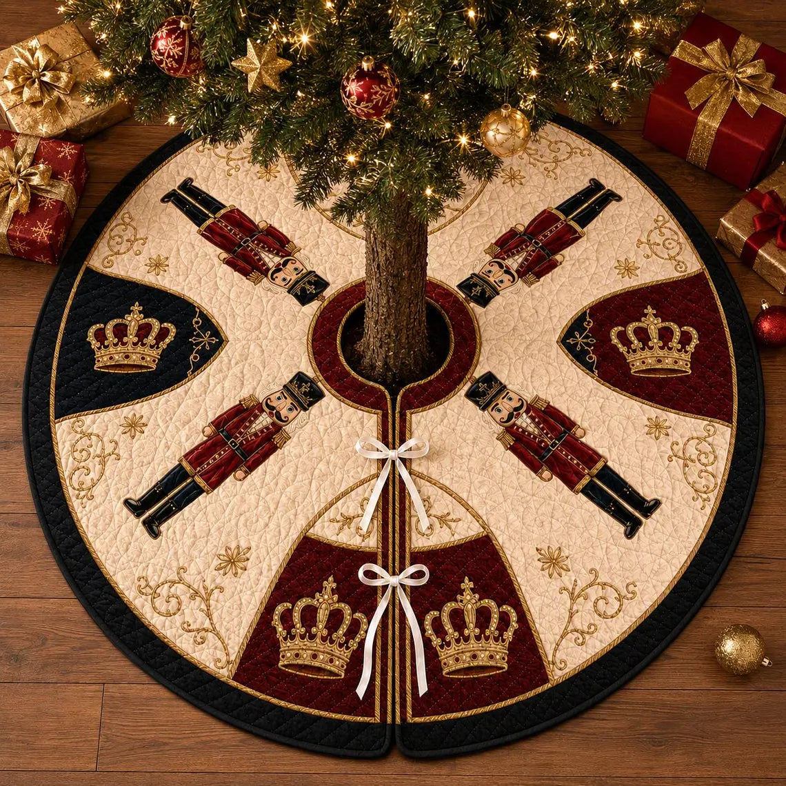 Nutcracker Christmas Tree Skirt, Quilted Holiday Tree Skirt, Royal Red Navy Gold Christmas Decor, Elegant Xmas Home Decor. CTSPETAL19