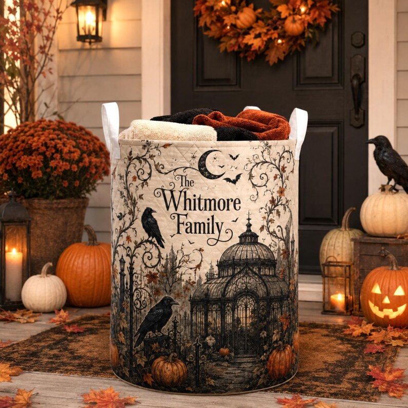 Personalized Gothic Halloween Quilted Laundry Basket, Custom Family Name Laundry Hamper, Raven Greenhouse Pumpkin Storage Bin, Spooky Fall Home Decor LBPETAL148
