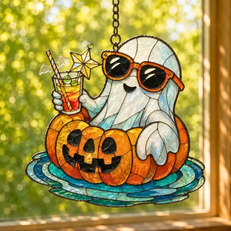 Americano Ghost Acrylic Suncatcher Window Hanging Pumpkin Decor Spooky Fall Ornament SummerWeen Suncatcher, Gift for Halloween Lovers. HSPETAL8