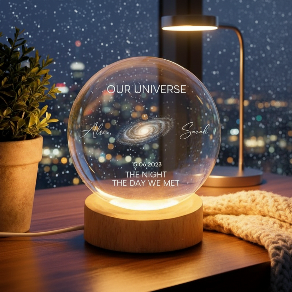Our Moon Custom Moon Phase Crystal Ball Night Light, Personalized LED Glass Lamp, Valentine's Day Gift For Couple, Husband, Boyfriend, Wife