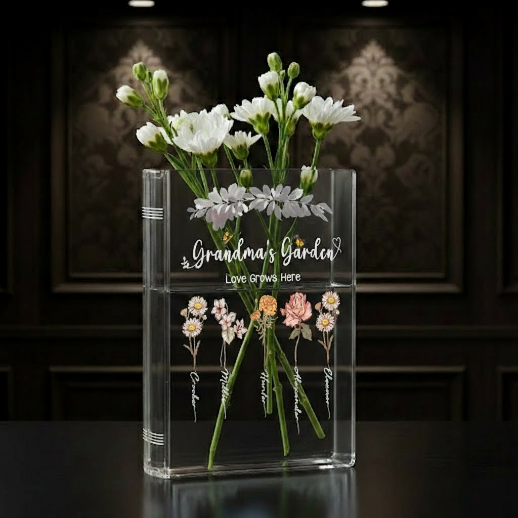 Personalized Acrylic Book Vase: Birth Month Flower Gift, Personalized Birth Flower Vase for Mom/Grandma, Custom Kids Name Clear Vase, Mother's Day Gift