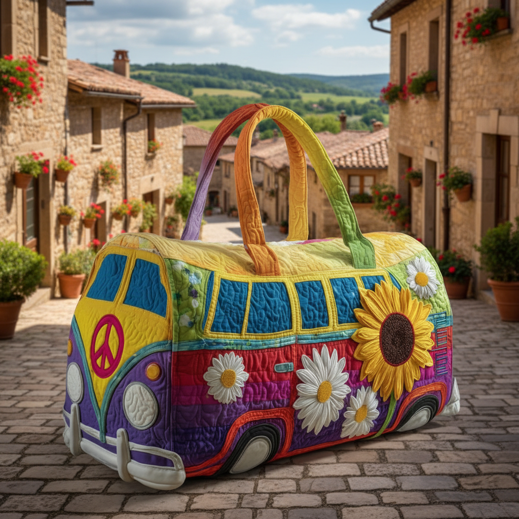 Rainbow Camper Van Quilted Duffle Bag – Hippie Floral Travel Weekender Tote, Colorful Boho Overnight Bag, Cute Summer Duffel Gift for Women