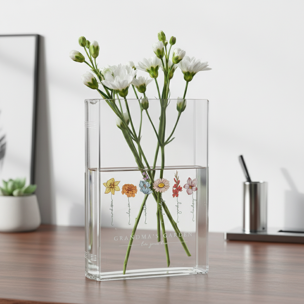 Grandma's Garden Birth Flower Book Vase – Personalized Gift from Grandchildren, Perfect Valentine's Day & Mother's Day Gift for Nana