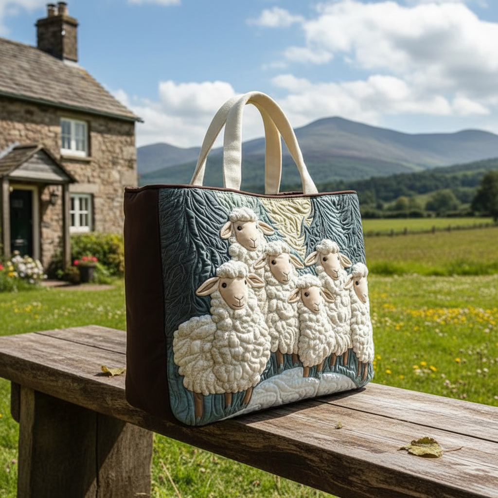 Sheep Family Quilted Tote Bag – Cute Lamb Farmhouse Shoulder Bag, Cottagecore Market Tote, Animal Lover Gift for Women