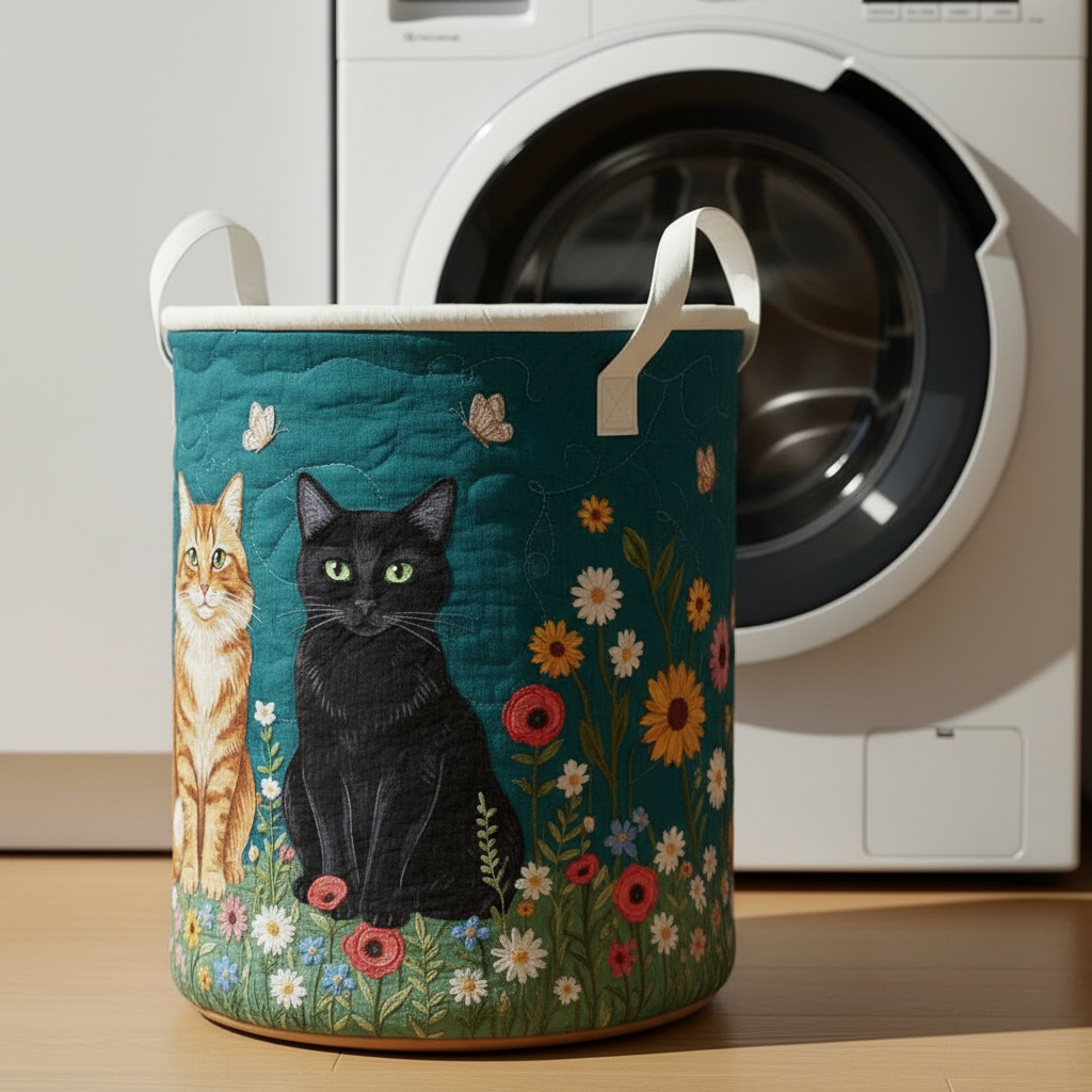 Cat Quilted Laundry Basket – Cute Pet Storage Bin, Floral Fabric Hamper, Cat Lover Home Decor Organizer