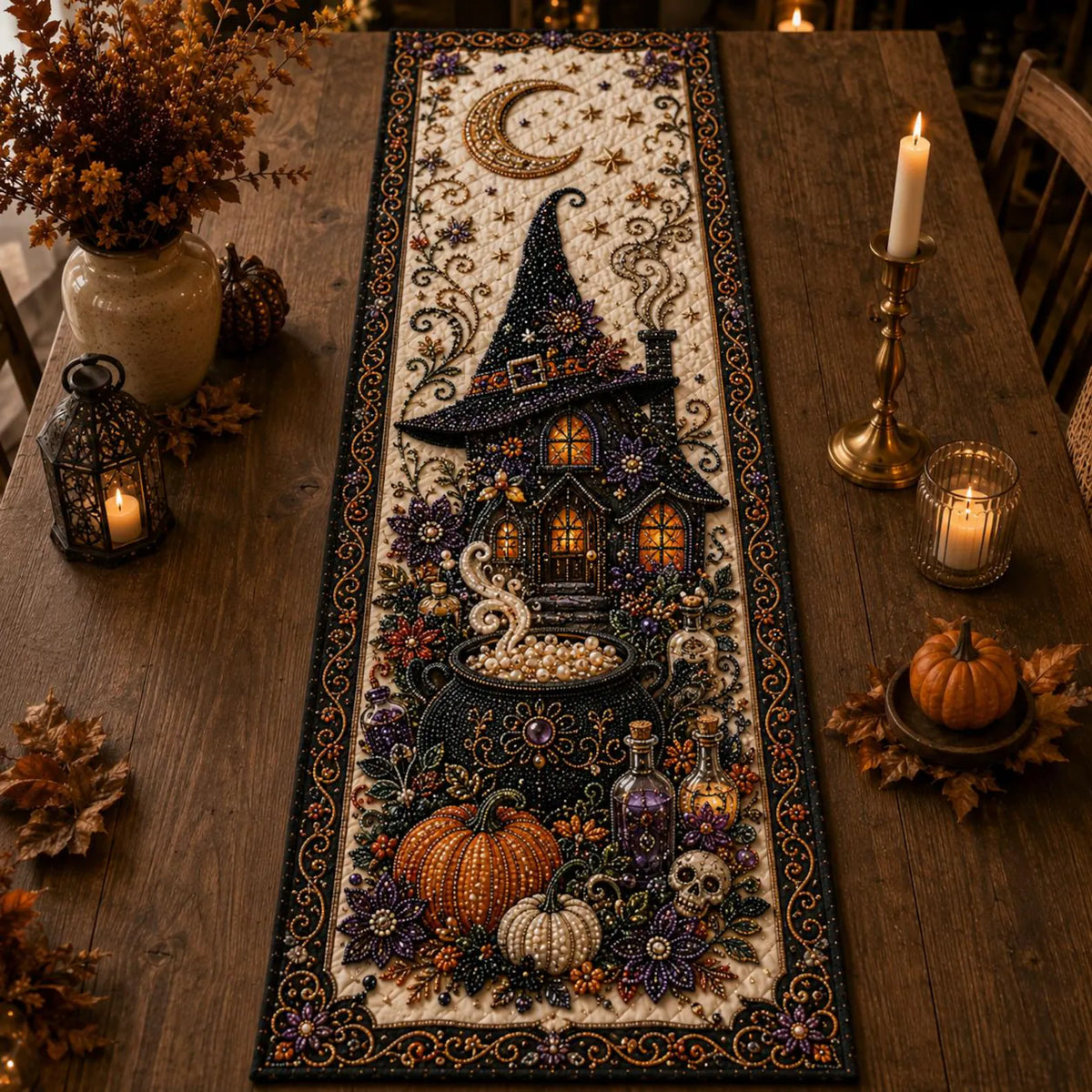 Halloween Witchy Table Runner, Witch Black Cat Cauldron Pumpkin Quilted Table Decor, Spooky Gothic Haunted Cottage Fall Dining Room Decor. QTRPETAL20