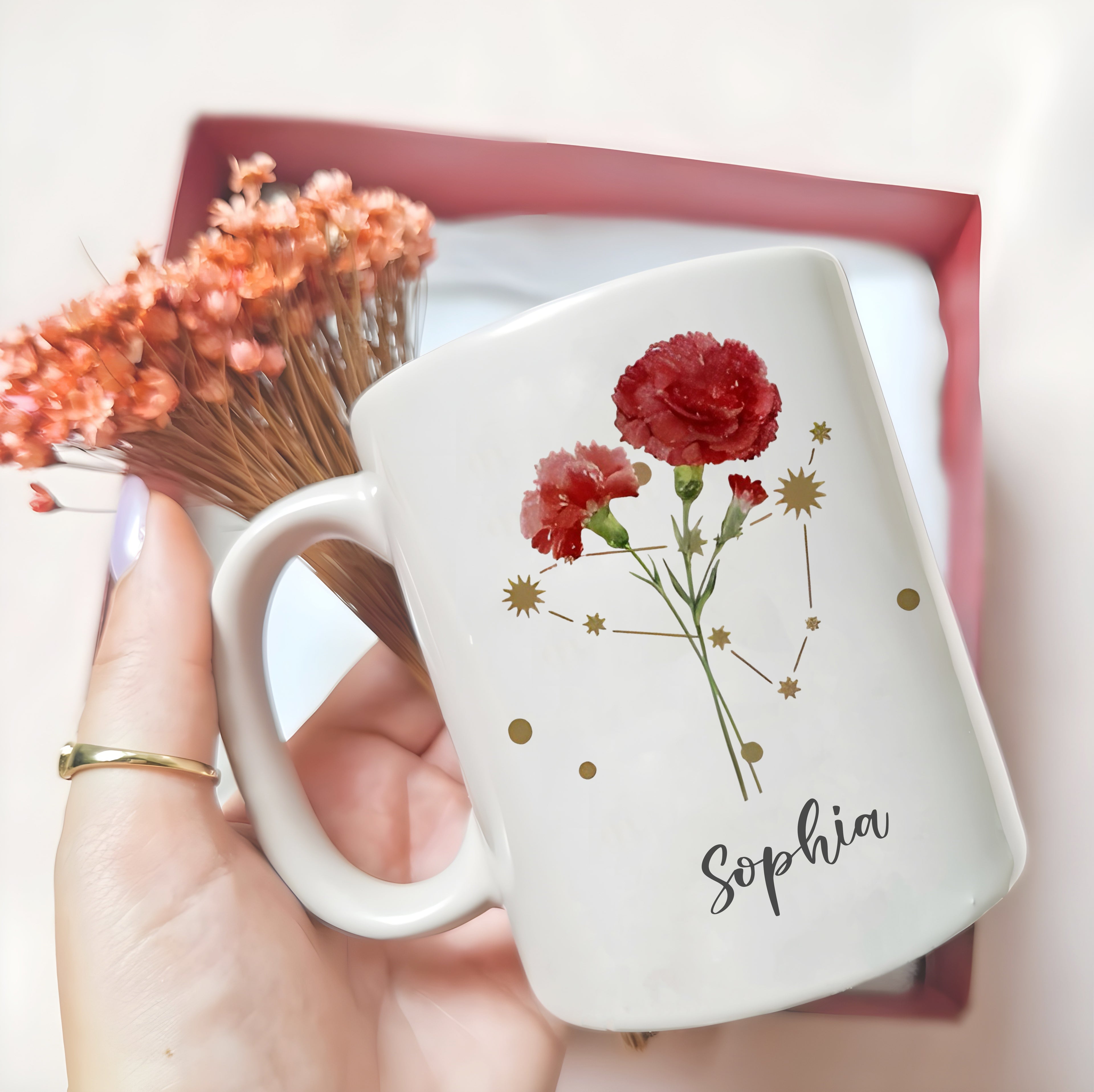 Personalized Birth Flower and Zodiac Sign Mug, Custom Name Coffee Cup, Astrology Floral Constellation Gift for Her Birthday, Bridesmaid, or Mother’s Day