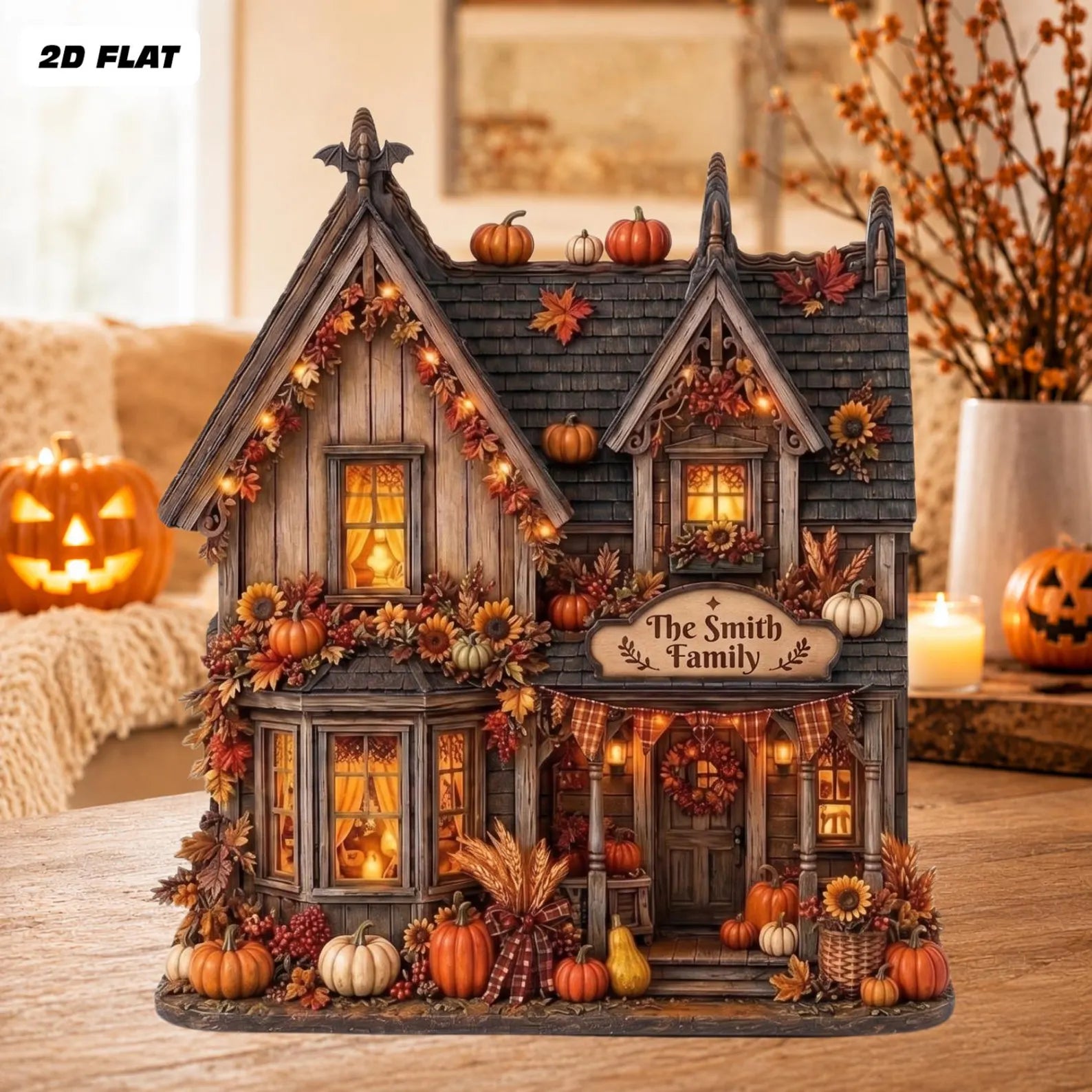 Personalized Fall House Wooden Block, Custom Family Name Autumn Cottage Decor, Pumpkin Harvest Shelf Sitter, Thanksgiving Rustic Home Gift. WBPETAL14