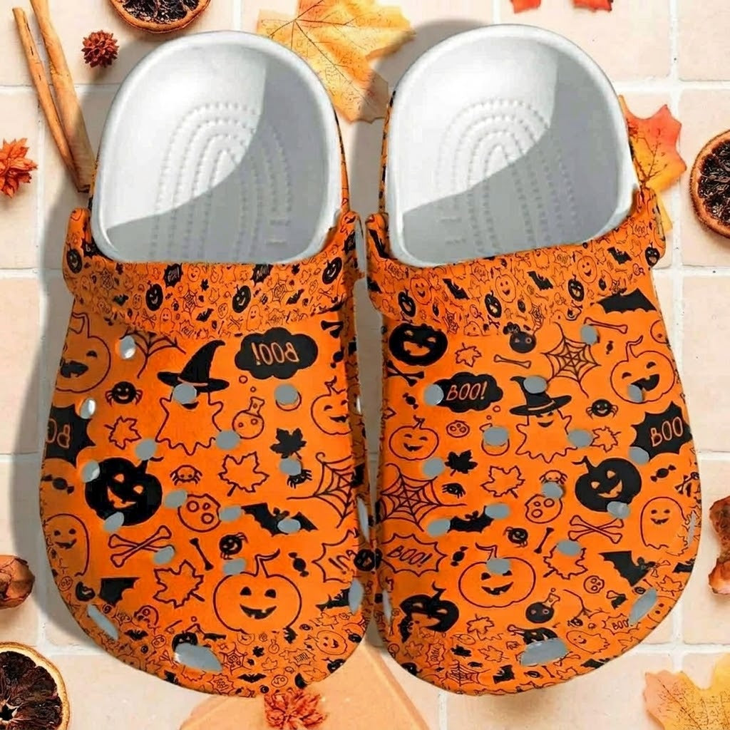 Orange Halloween Pattern Clogs – Pumpkin Ghost Bat Fall Shoes. Happy Halloween Ghost Pumpkin. CLPETAL08
