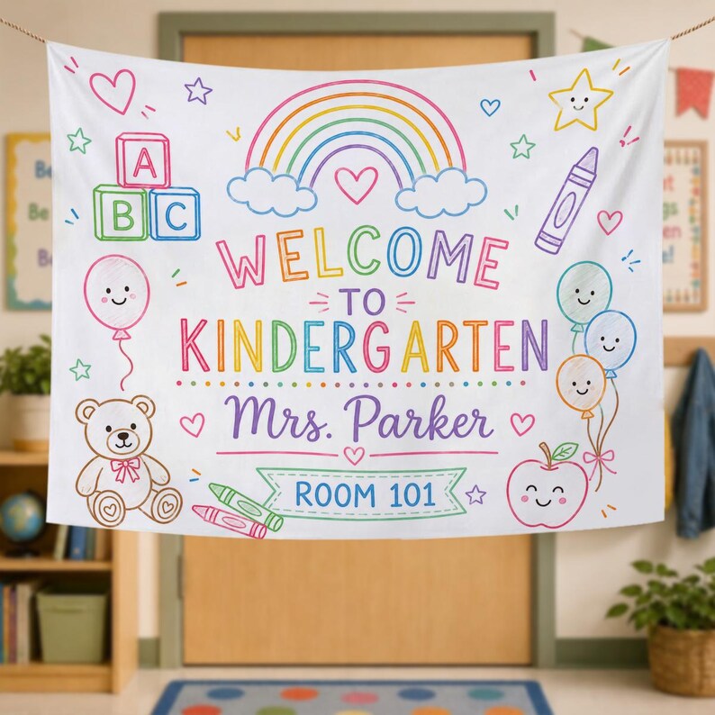 Kindergarten Classroom Banner, Personalized Teacher Tapestry, Welcome to Kindergarten Sign ,personalized teacher banner. Classroom Banner Custom Name. CBPETAL14
