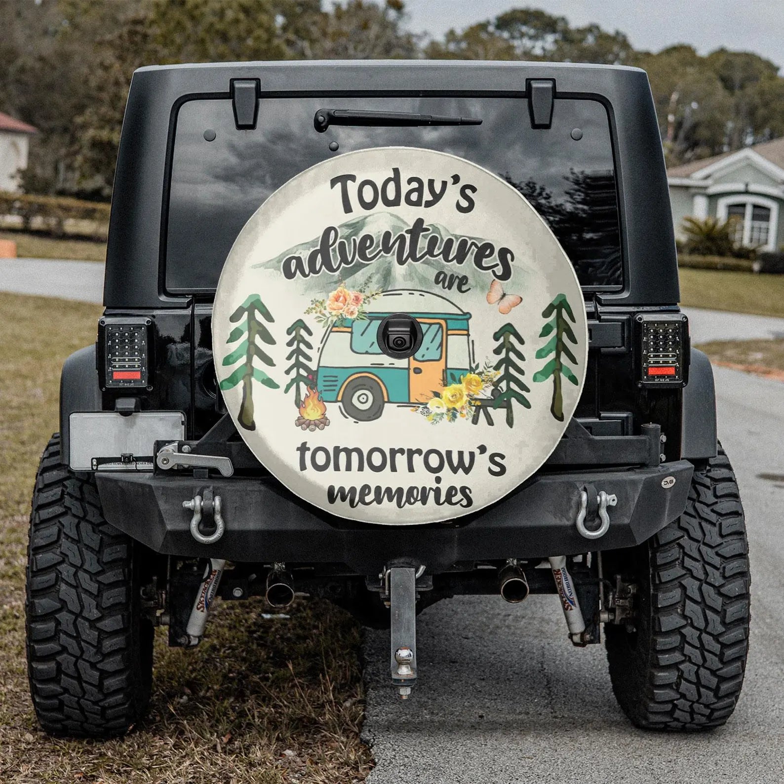Today's Adventures Are Tomorrow's Memories Spare Tire Cover, Vintage Camper RV Tire Cover, PVC Leather Jeep Tire Cover, Camping Adventure Vehicle Accessory. TCPETAL17
