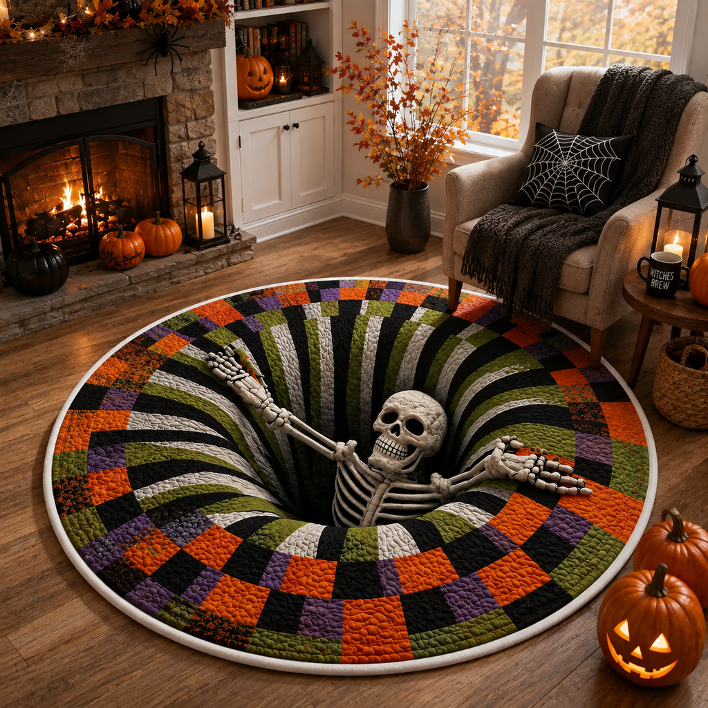 3D Skeleton Halloween Rug, Round Spooky Area Rug, Optical Illusion Floor Mat, Creepy Haunted House Decor. QRPETAL10