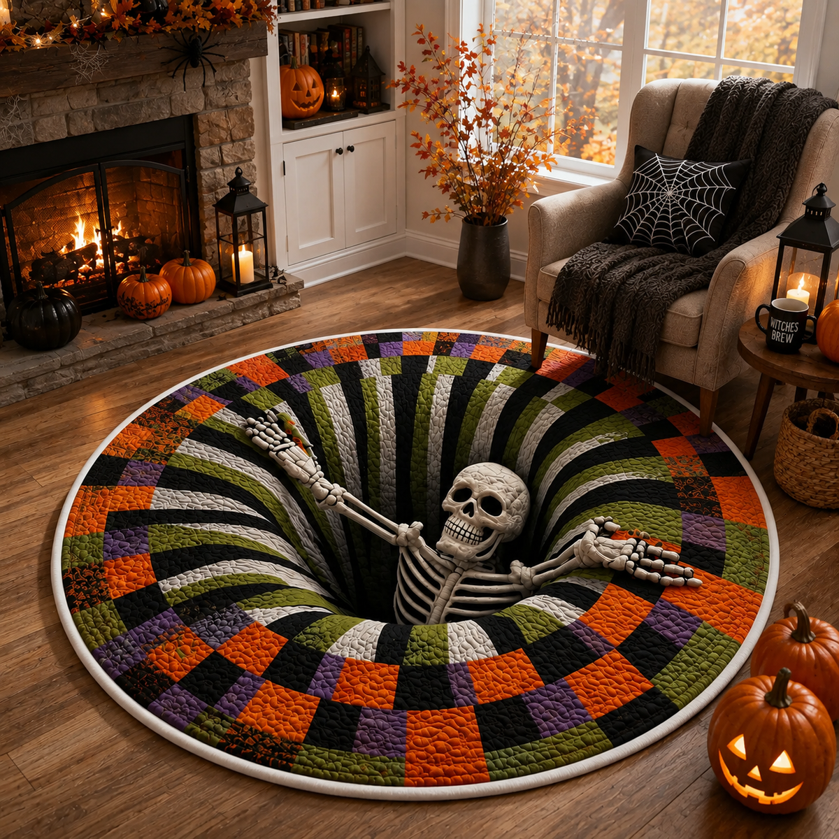 3D Skeleton Halloween Rug, Round Spooky Area Rug, Optical Illusion Floor Mat, Creepy Haunted House Decor. QRPETAL10