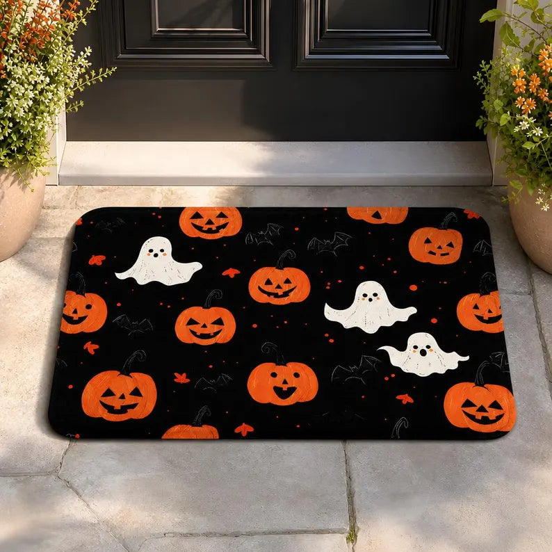 Halloween Doormat: Pumpkin Ghost Bat Black Welcome Mat (Indoor/Outdoor) . DMPETAL19
