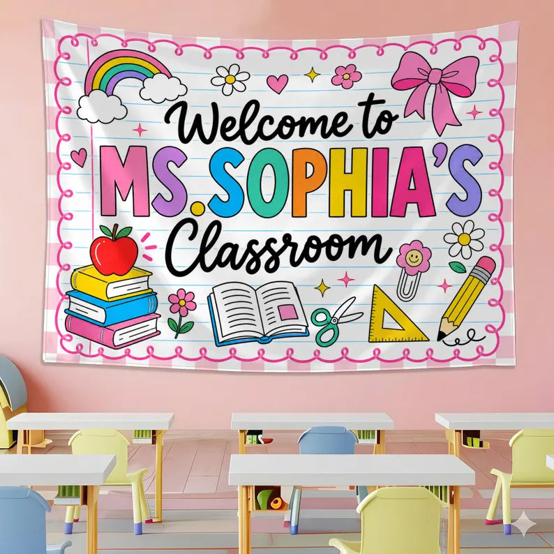 Personalized Teacher Back To School Tapestry Banner, Custom Welcome Classroom Banner with Name, First Day of School Gifts, Gift for Teacher. CBPETAL15