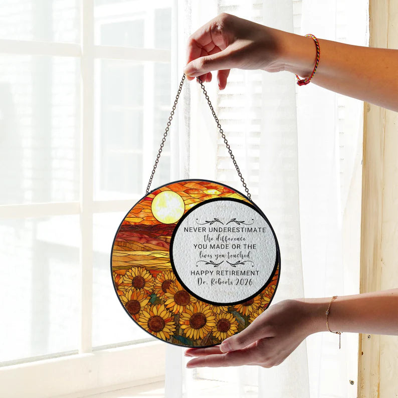 Personalized Stained Glass Retirement Suncatcher, Custom Retired Christmas Gift For Boss Coworker Colleague Retirement Keepsake Gift For Her. SUNPETAL08