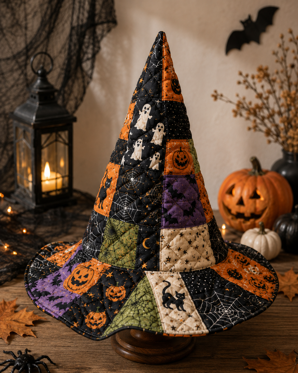 Halloween Patchwork Quilted Witch Hat – Soft Padded Witch Costume Hat with Pumpkin, Ghost & Black Cat Print. QWHPETAL4