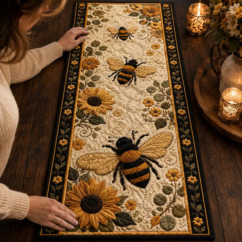 Bee Sunflower Quilted Table Runner, Farmhouse Summer Kitchen Decor. QTRPETAL5