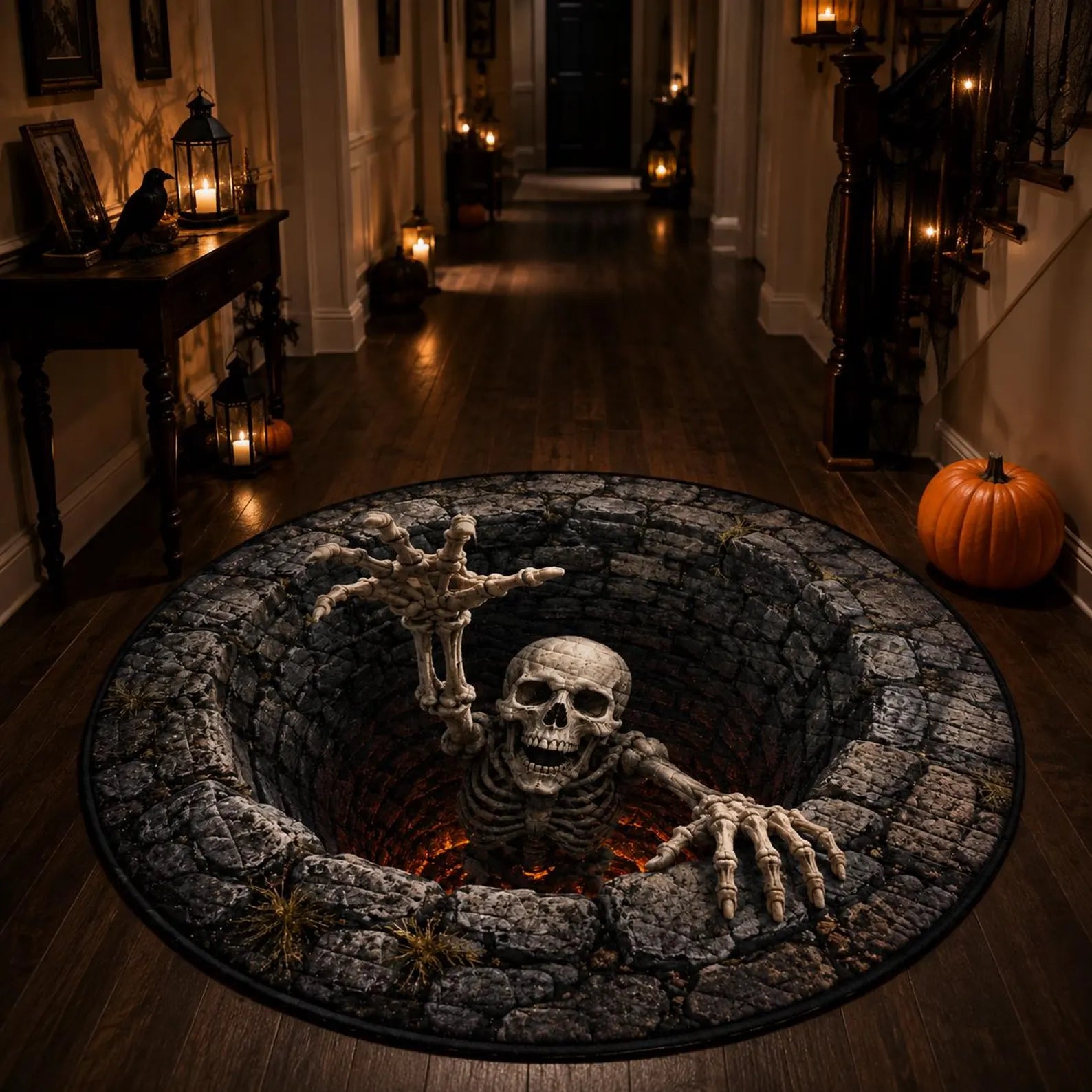 Halloween Quilted Rug, Skeleton Pit Round Rug, Spooky Floor Decor, Haunted House Rug, Halloween Home Decor, Horror Gift. QRPETAL18