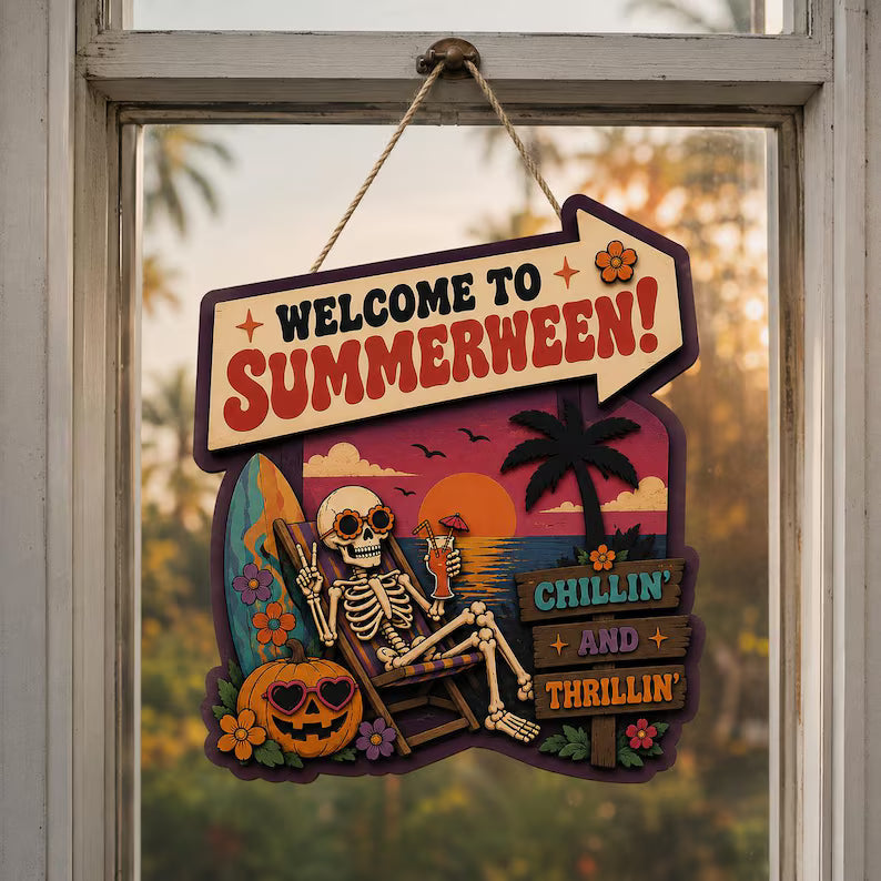Summerween Wooden Sign, Skeleton Beach Decor, Halloween Summer Door Hanger, Chillin And Thrillin Sign, Coastal Halloween. HLWDHPETAL01