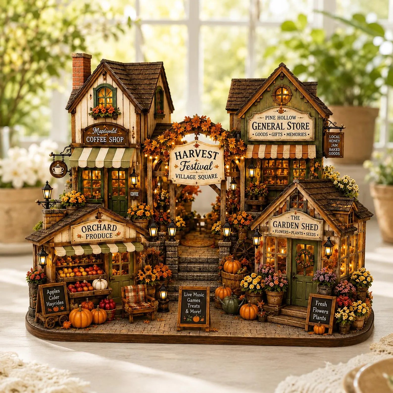 Personalized Harvest Festival Village Wooden Block, Custom Fall Market Shelf Decor, Rustic Autumn Village, Thanksgiving Home Decor Gift. WBPETAL3