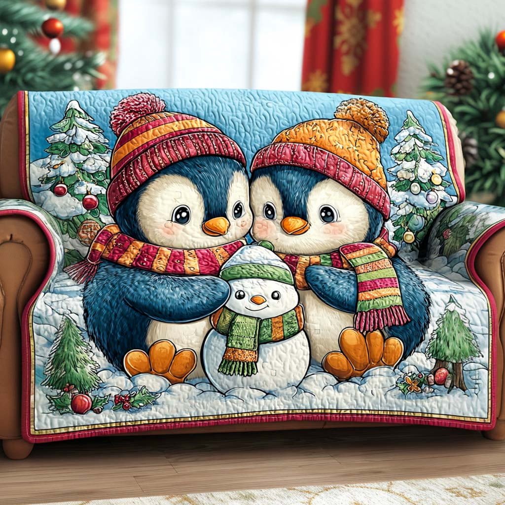Personalized Christmas Penguin Quilted Sofa Cover, Penguin Sofa Cover, Patchwork Couch Throw, Sofa Protector, Holiday Sofa Decor QUILTSOFA02