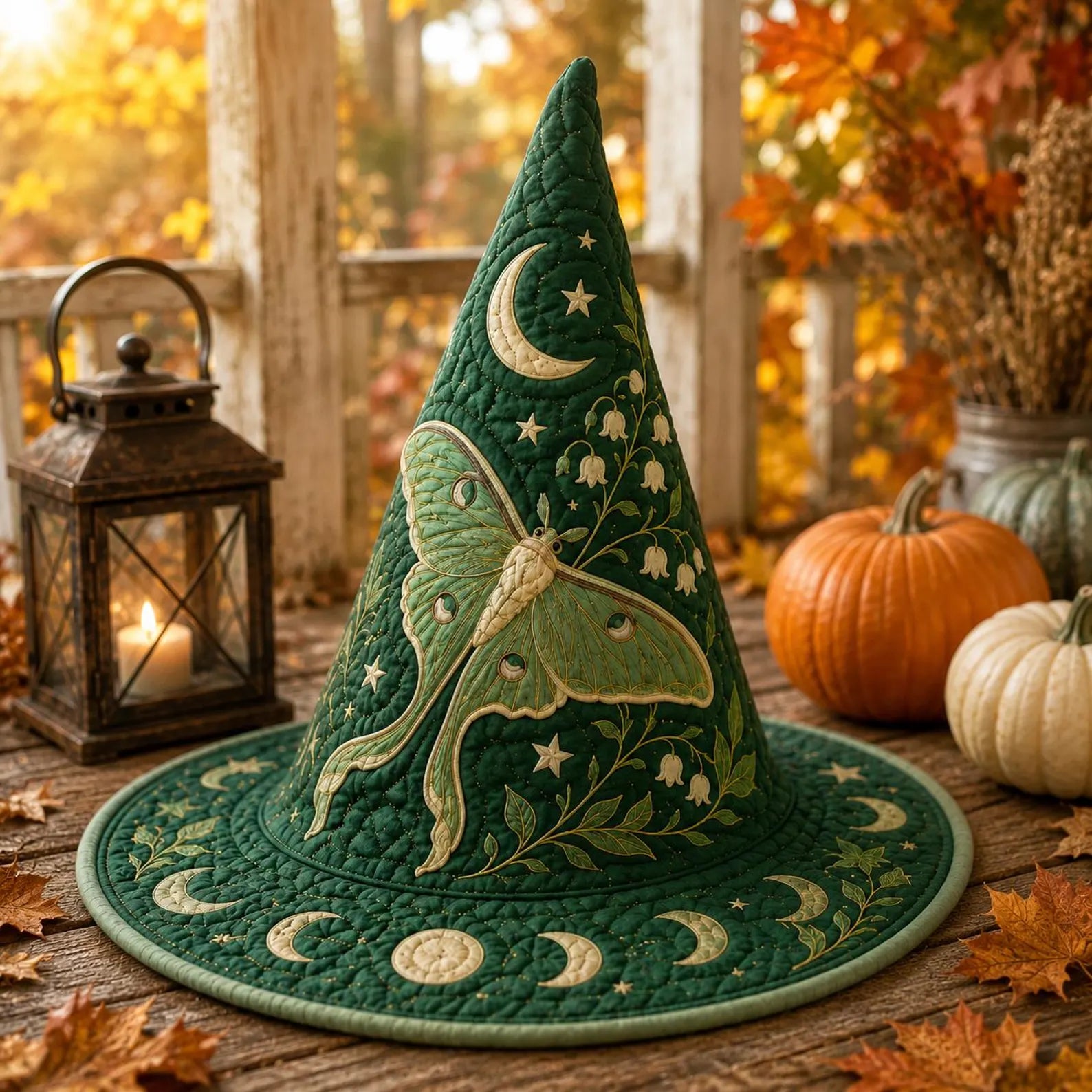Luna Moth Quilted Witch Hat, Celestial Moon Phase Halloween Decor, Cottagecore Witchy Home Accent, Handmade Fabric Hat, Wiccan Gift. QWHPETAL17