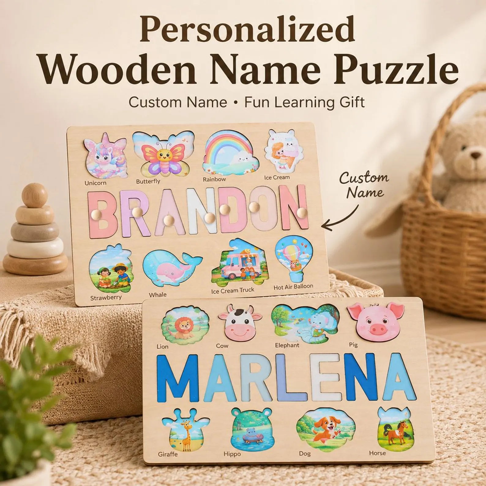 Personalized Wooden Name Puzzle | Custom Montessori Toy | Toddler Learning Toy | Baby Shower Gift | 1st Birthday Gift | Nursery Decor. NPPETAL15