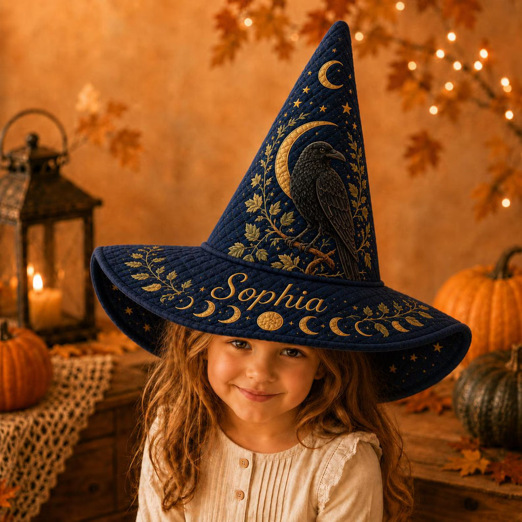 Retro Quilted Witch Hat, Vintage Halloween Raven Moon Hat, Navy Witch Costume Accessory, Spooky Season Party Gift. QWHPETAL25