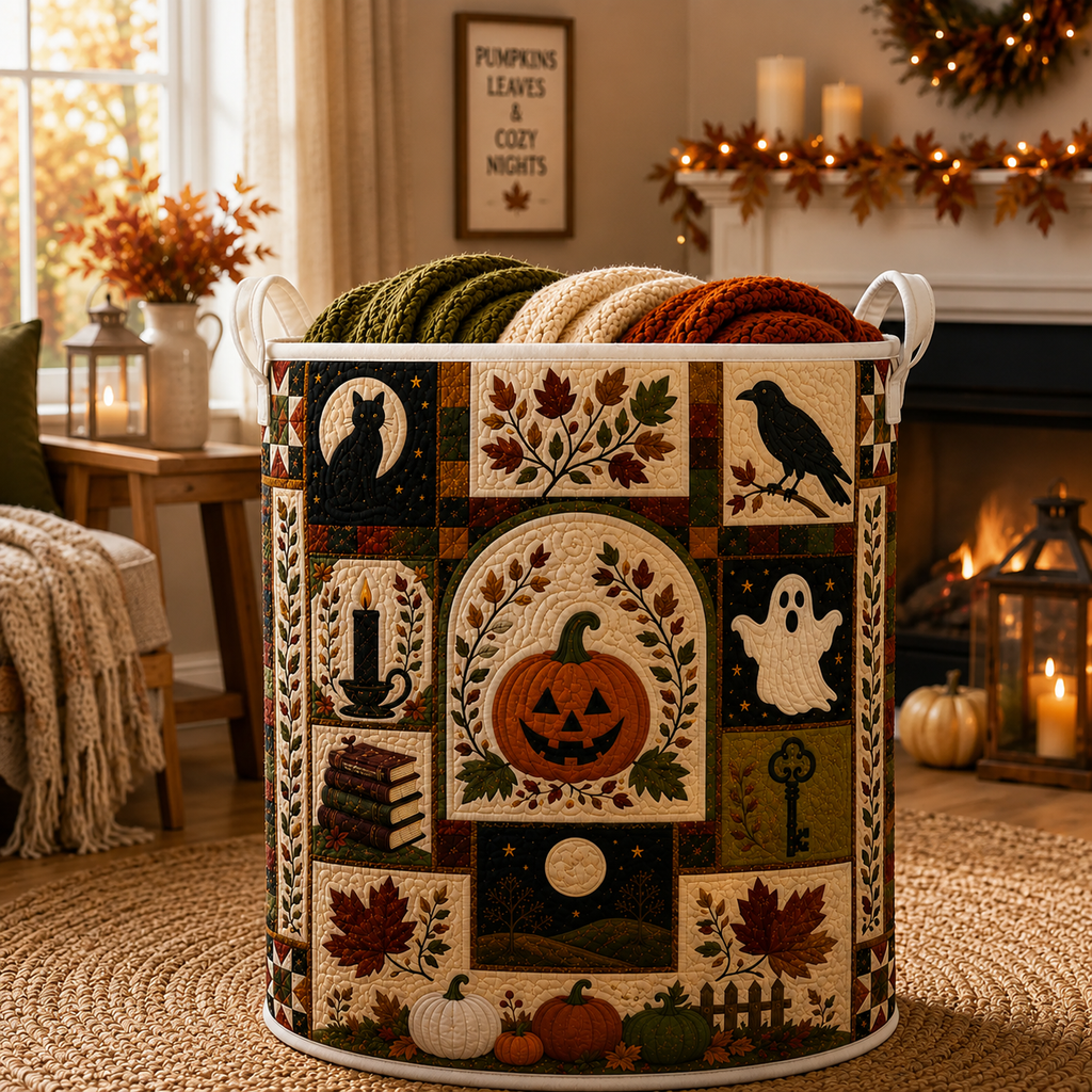 Halloween Storage Bin, Quilted Laundry Basket, Black Cat Pumpkin Hamper, Fall Decor Basket, Spooky Quilt Organizer. HLWLBPETAL5