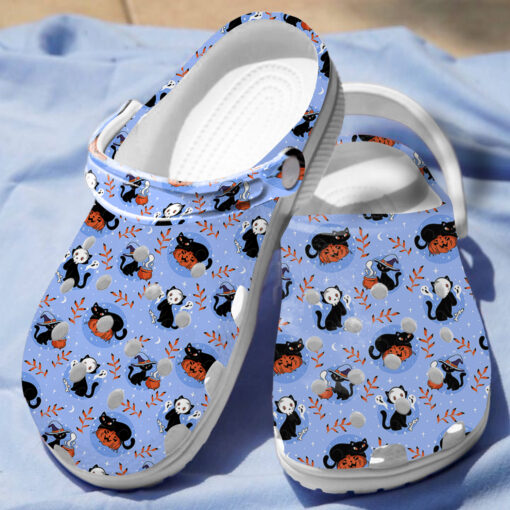 Halloween Ghost Pumpkin Clogs – Cute Blue Spooky Season Slip-On Shoes with Black Cat & Boo Print for Fall Gifts. CLPETAL14