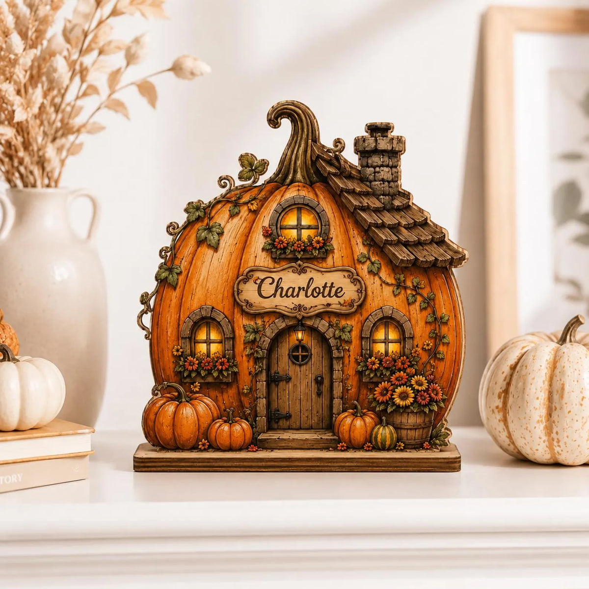Personalized Pumpkin House Wooden Block, Custom Family Name Fall Decor, Autumn Cottage Shelf Sitter, Thanksgiving Home Gift. WBPETAL11