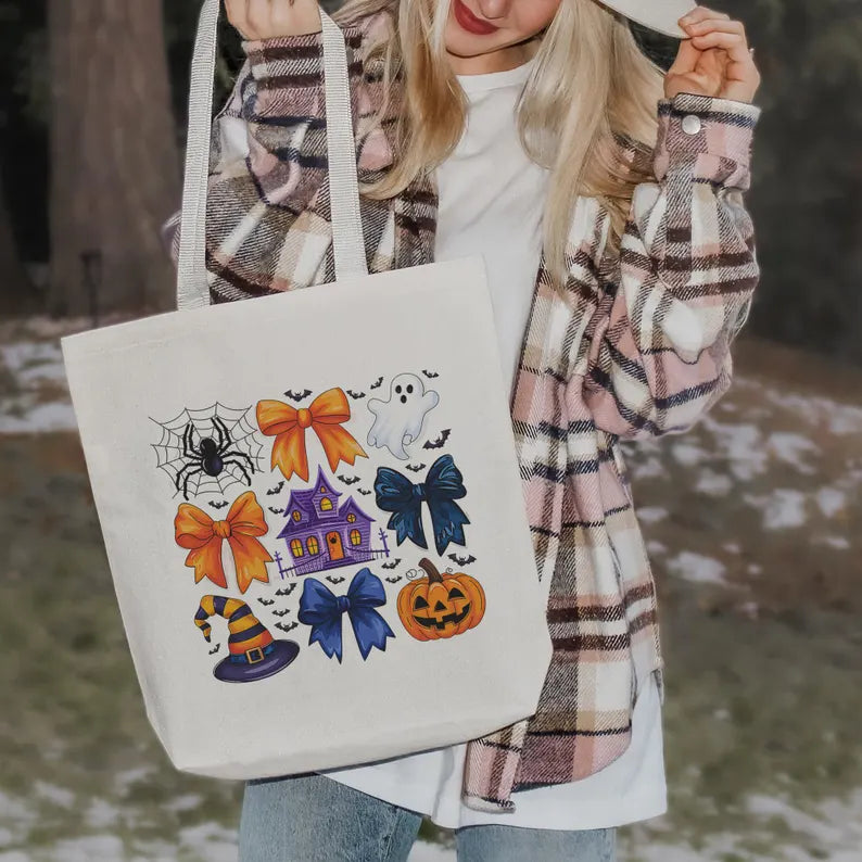 Halloween Coquette Pumpkin Ghost Canvas Tote Bag, Cute Spooky Travel Bag, Rustic Halloween Gift For Her, Cute Trick or Treat Tote for Mama. HLWTBPETAL15