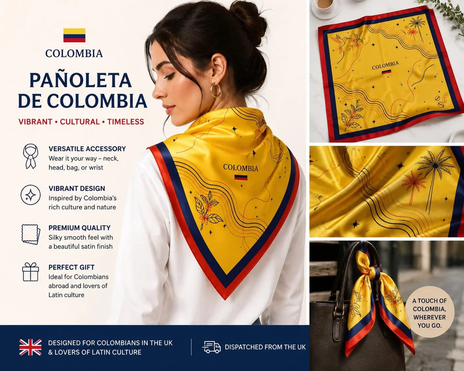 Colombia Satin Scarf 90x90cm | Colombian Heritage Head Scarf | Neck Scarf, Hair Scarf & Bag Accessory Gift. SSPETAL19