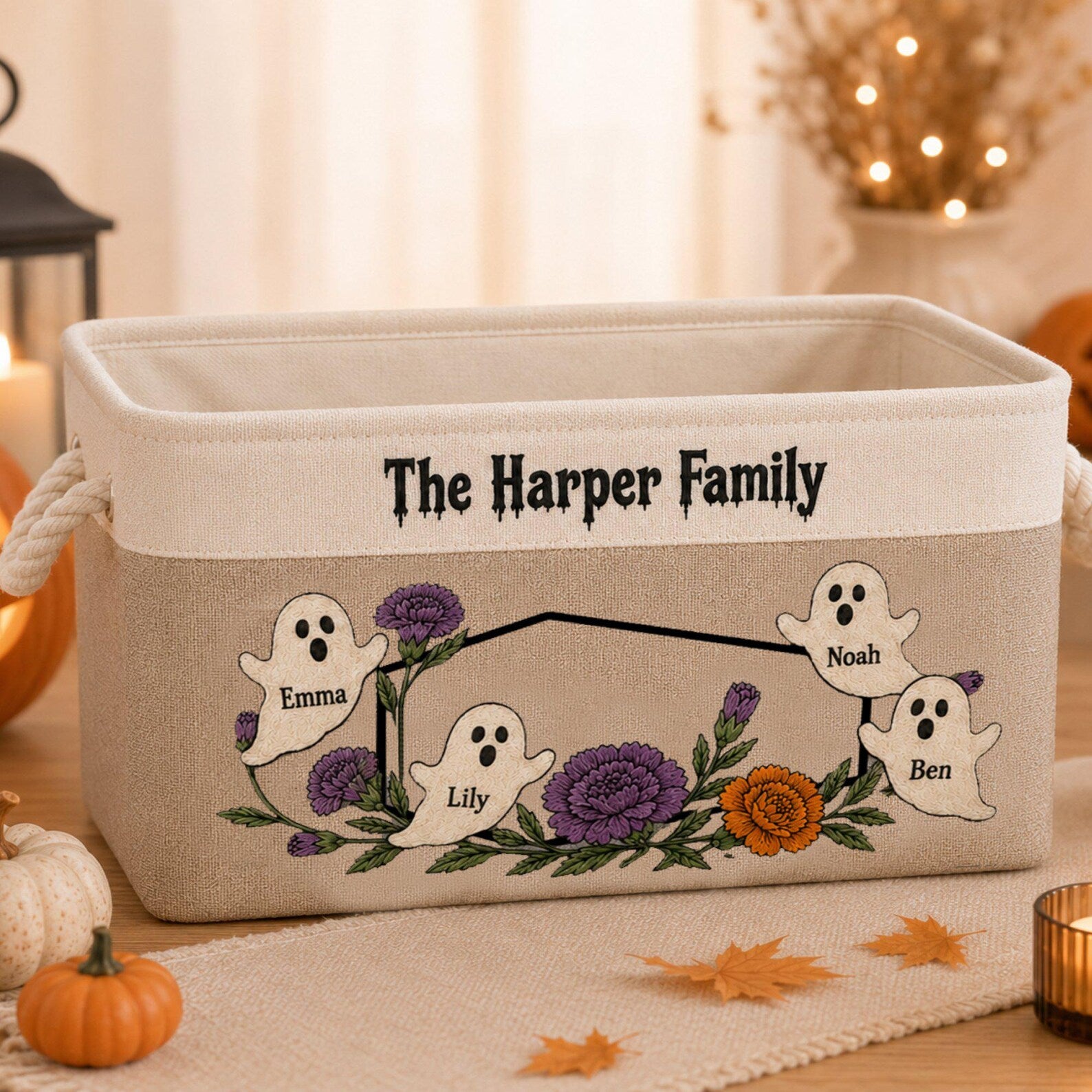Custom Family Name Halloween Ghost Book Basket, Personalized Gothic Floral Storage Bin, Halloween Book Lover Keepsake, Spooky Home Decor. BBPETAL10