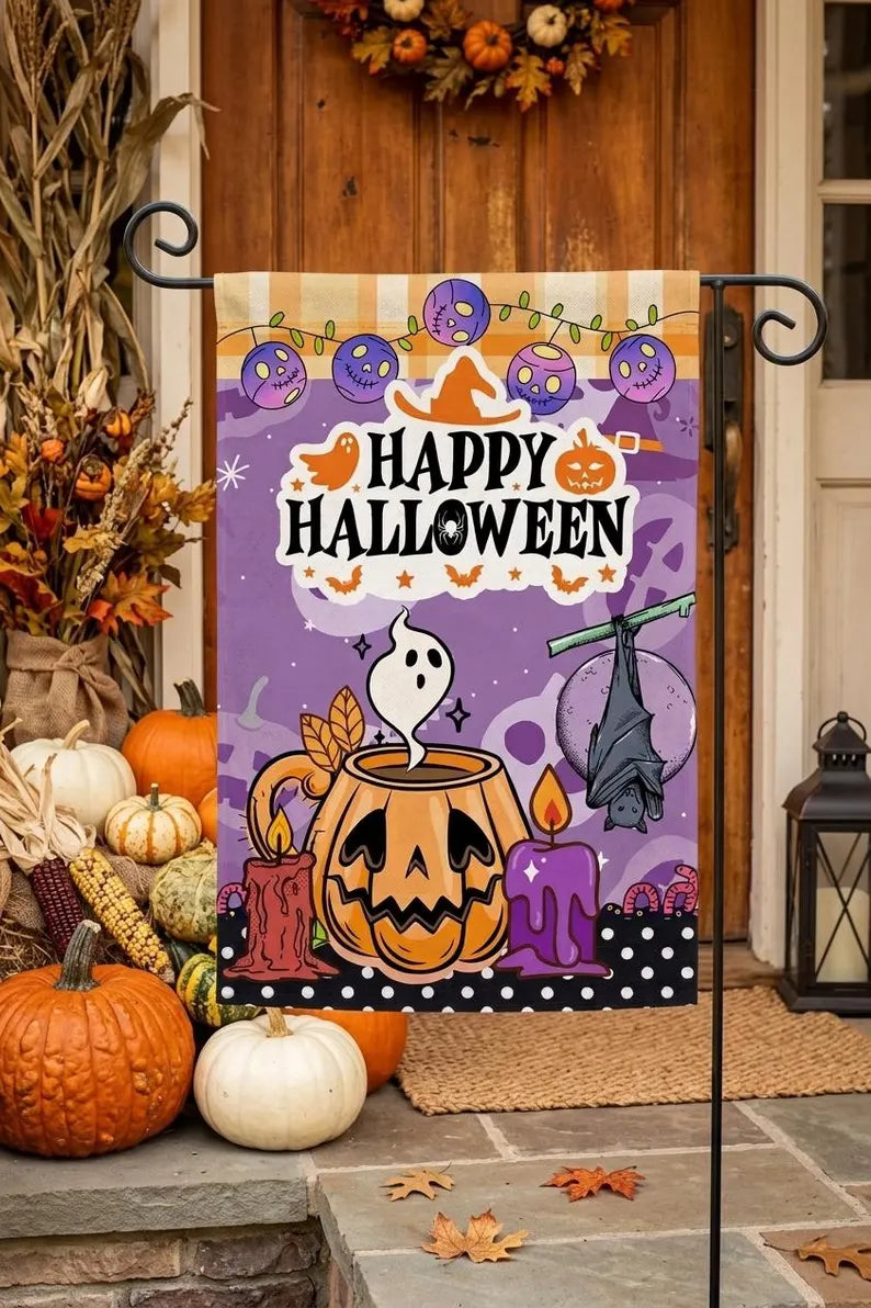 Happy Halloween Garden Flag, Spooky Ghost Pumpkin Yard Flag, Double Sided Outdoor Fall Decor, Halloween Porch Decor. HLWGFPETAL11