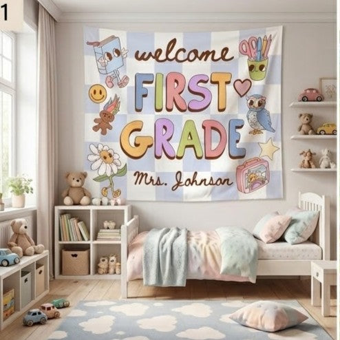 Custom First Grade Classroom Poster or Banner, Retro Classroom Decor, Elementary Teacher Pastel Wall Art, Back to School. CBPETAL18