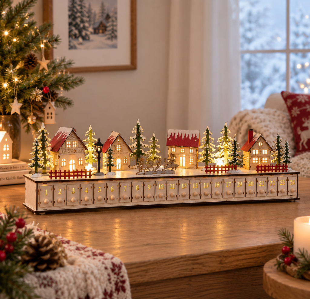 Lighted Wooden Christmas Village Advent Calendar with 24 Drawers, Santa Sleigh Holiday Countdown Decor – ACPETAL07