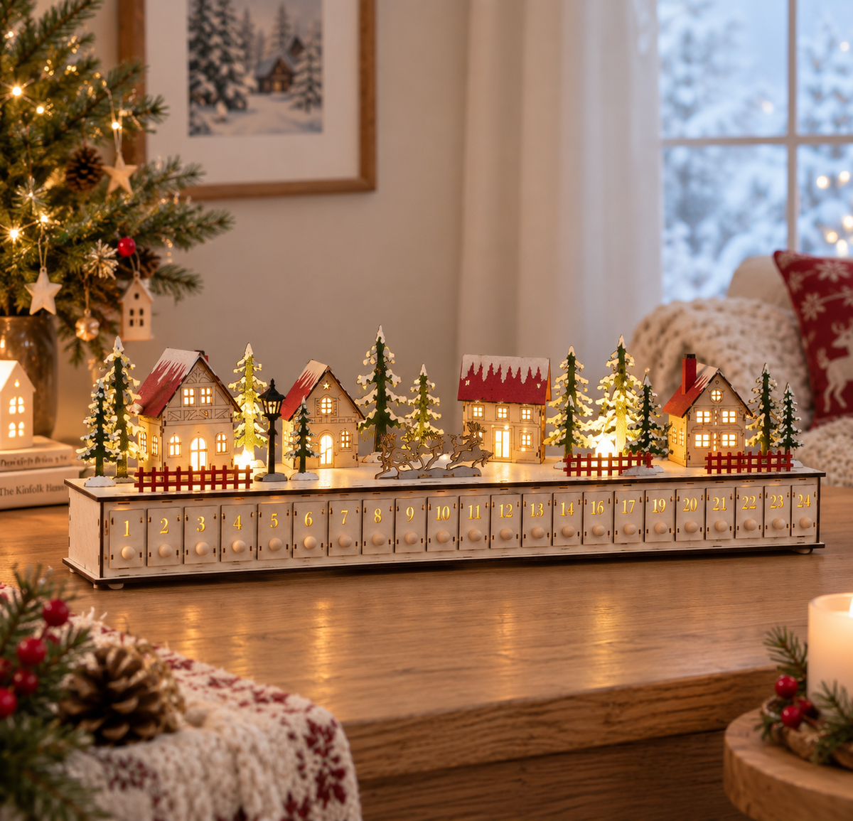 Lighted Wooden Christmas Village Advent Calendar with 24 Drawers, Santa Sleigh Holiday Countdown Decor – ACPETAL07