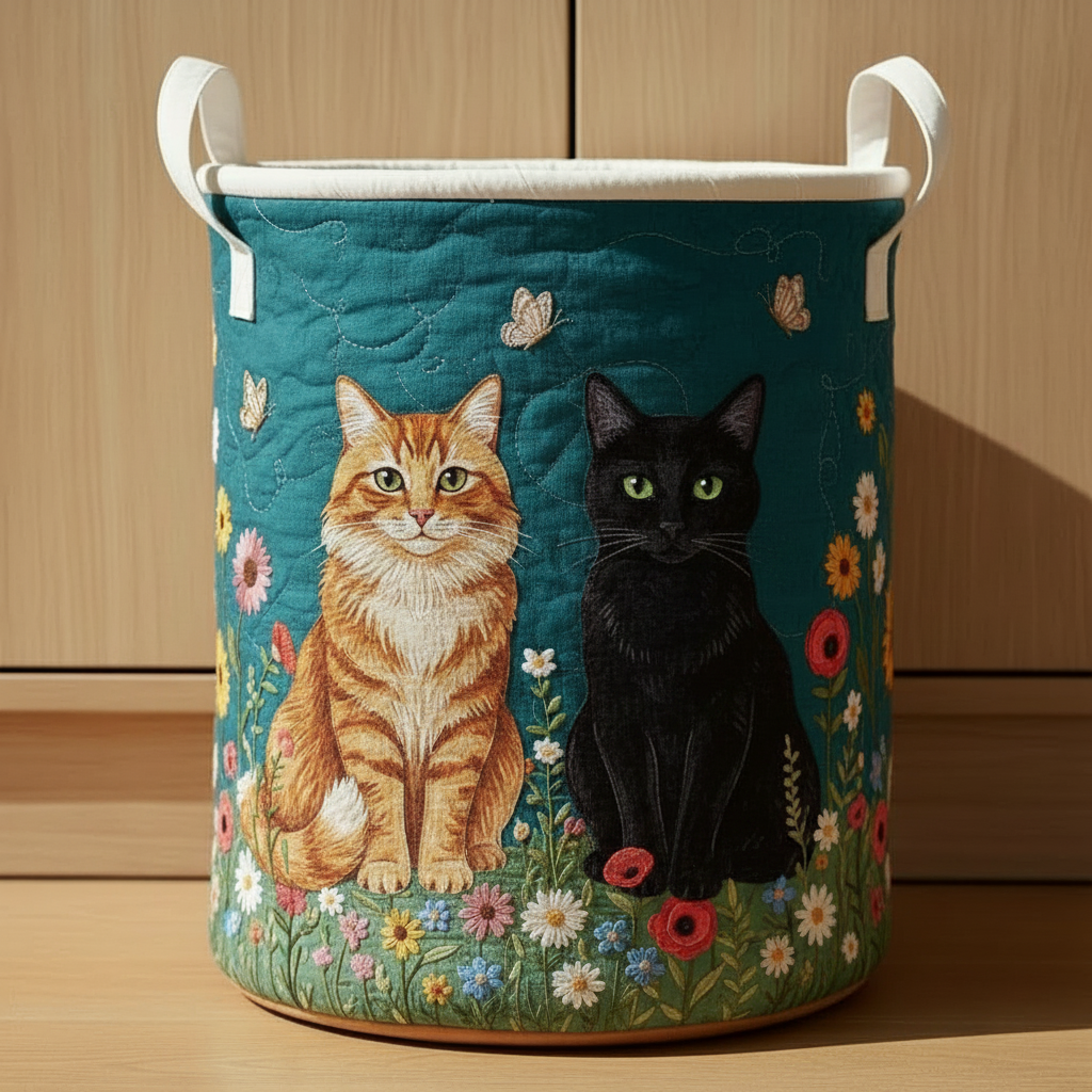 Cat Quilted Laundry Basket – Cute Pet Storage Bin, Floral Fabric Hamper, Cat Lover Home Decor Organizer