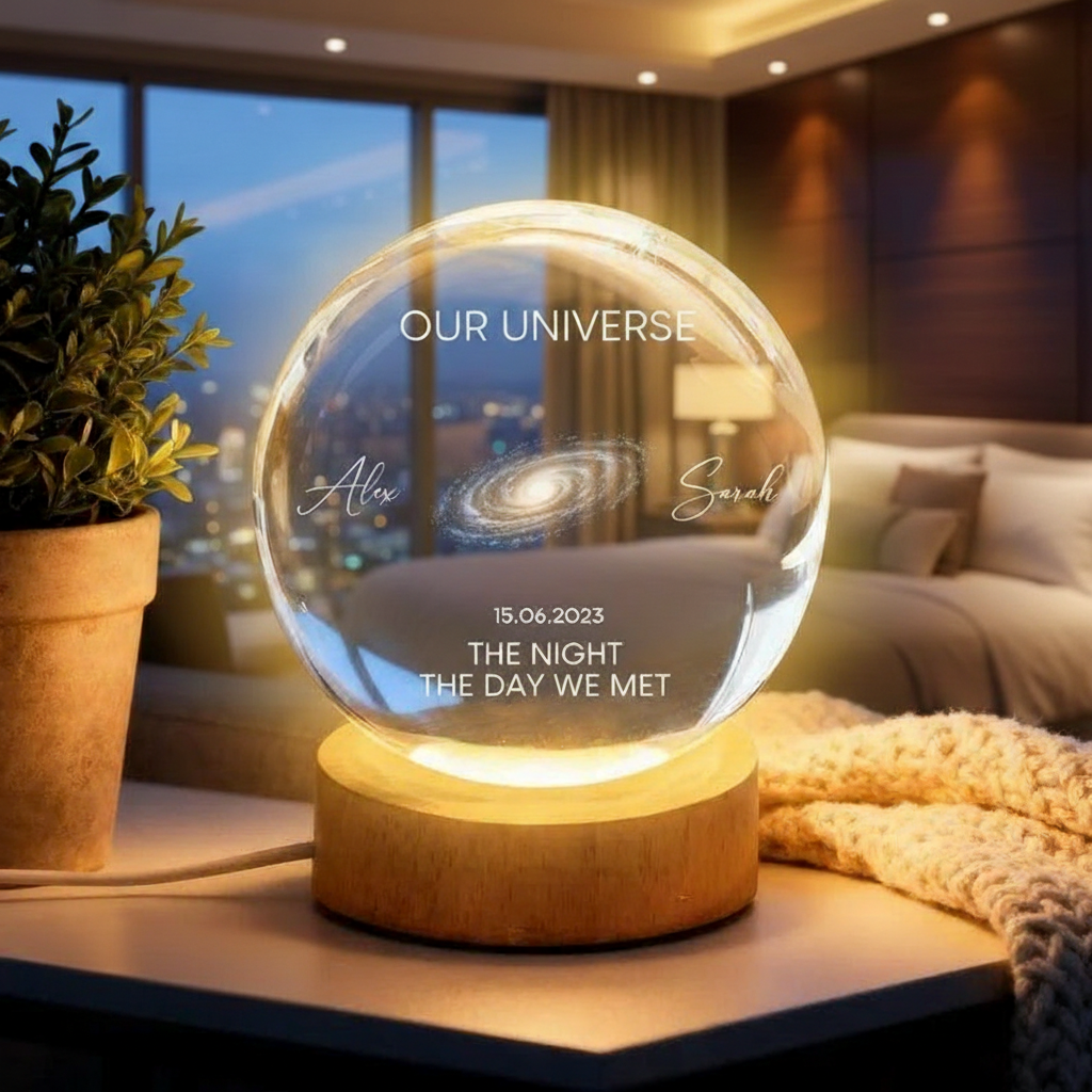 Personalized Moon Phase Anniversary Crystal Ball Lamp: Engraved Wood Base Custom Keepsake, Personalized LED Glass Lamp, Valentine's Day Gift For Couple