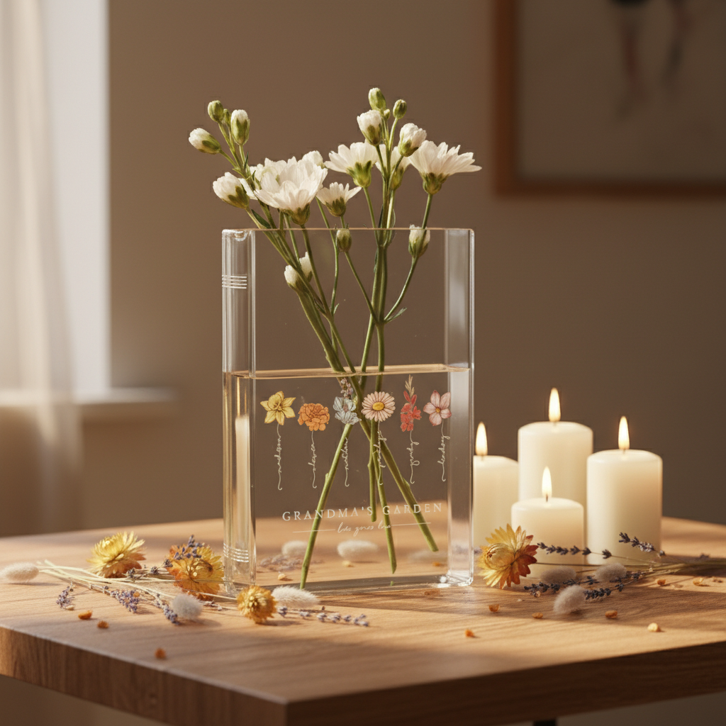 Grandma's Garden Birth Flower Book Vase – Personalized Gift from Grandchildren, Perfect Valentine's Day & Mother's Day Gift for Nana