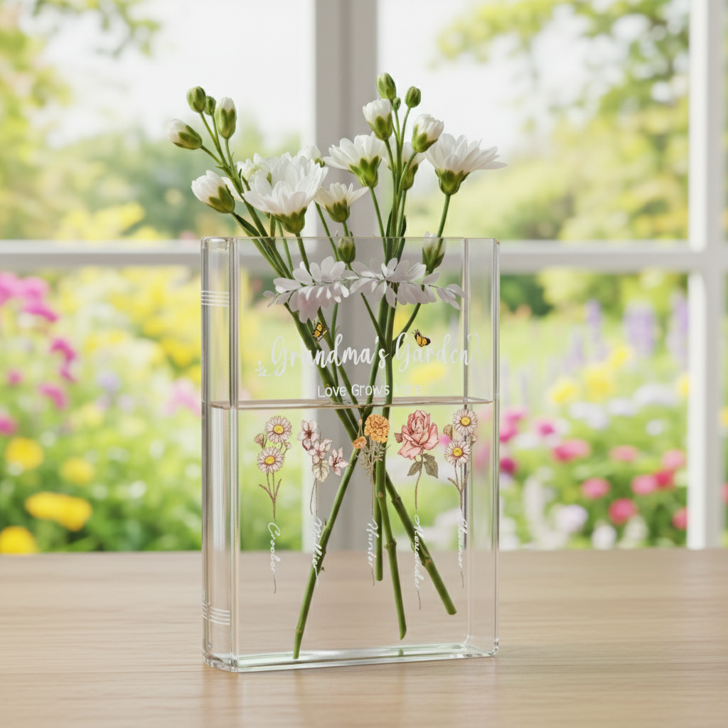 Personalized Acrylic Book Vase: Birth Month Flower Gift, Personalized Birth Flower Vase for Mom/Grandma, Custom Kids Name Clear Vase, Mother's Day Gift