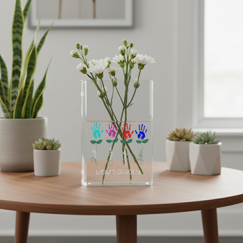 Personalized Mom’s Garden Birth Month Flower Book Vase – Custom Gift for Mom, Meaningful Mother’s Day Garden Decor Keepsake