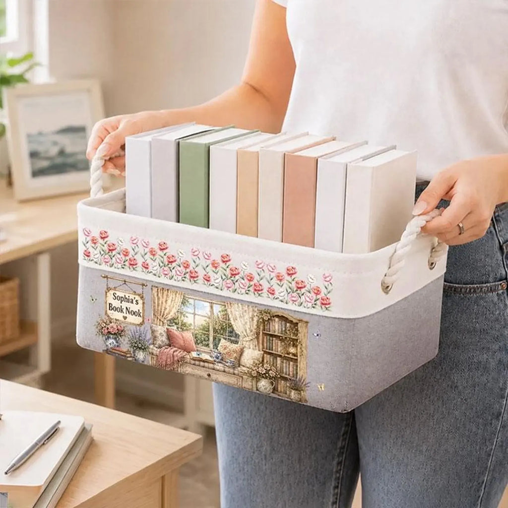 Personalized Book Storage Basket, Custom Bookish Gift for Book Lovers, Reading Room Decor. BBPETAL5