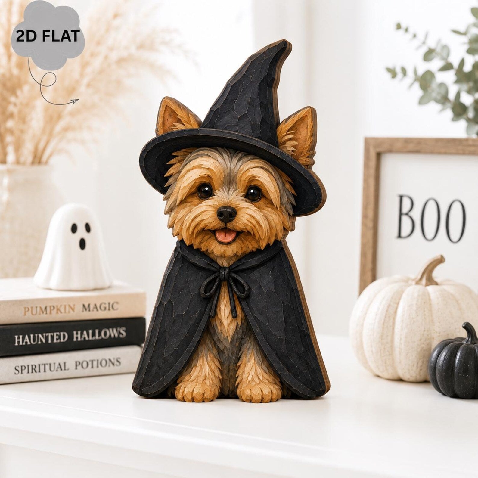 Custom Yorkshire Terrier Halloween Wooden Block, Cute Yorkie Witch Dog Decor, 2D Flat Pet Standee, Spooky Fall Tabletop Display Gift. WBPETAL10