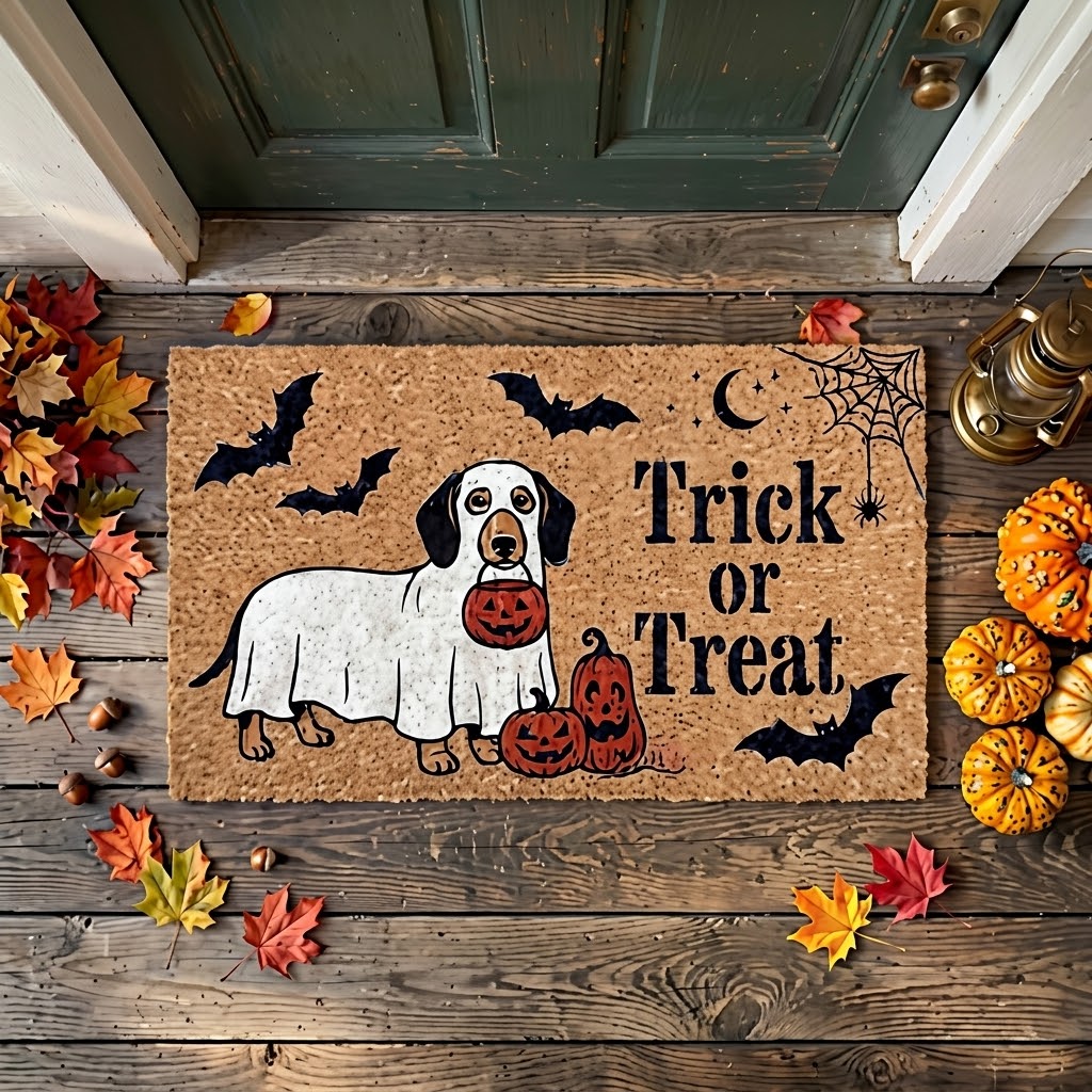 Halloween Dog Doormat, Trick or Treat Welcome Mat, Funny Ghost Dog Porch Decor, Pumpkin Front Door Rug, Spooky Housewarming Gift. DMPETAL4
